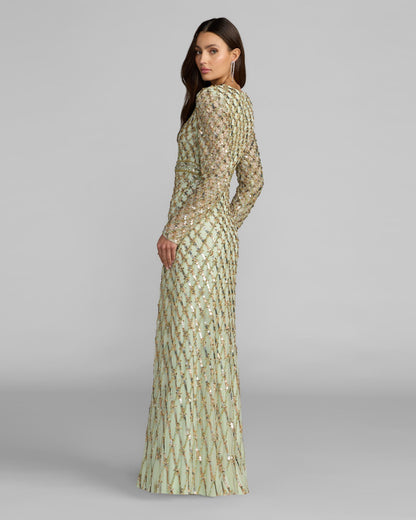 Mac Duggal Sage Green Long Sleeve High Neck Embellished Gown