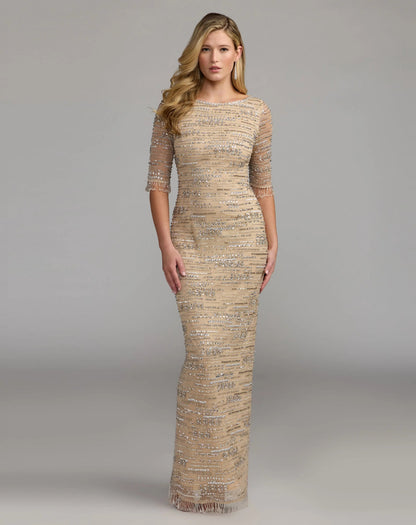Mac Duggal Beige Beaded Fringe Column Gown
