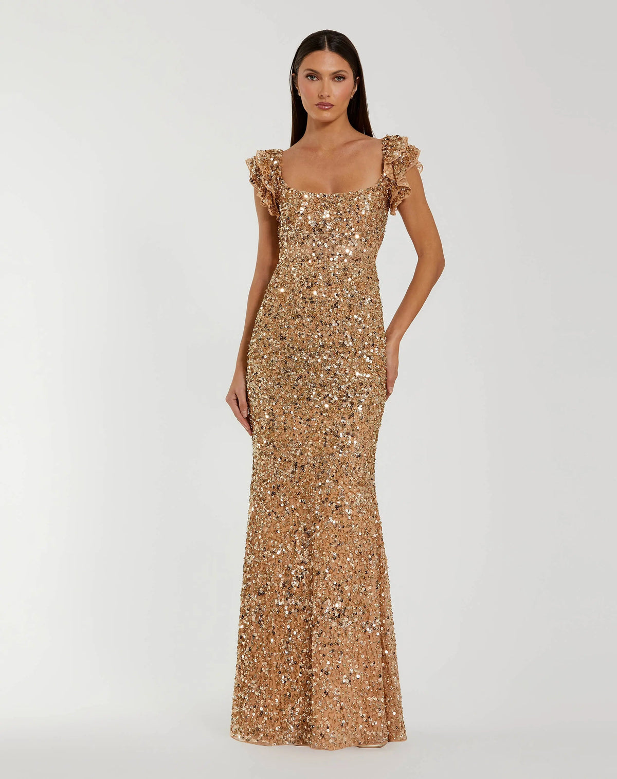 Mac Duggal Gold Sequin Flutter Sleeve Trumpet Gown