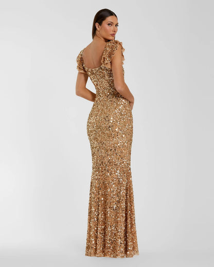 Mac Duggal Gold Sequin Flutter Sleeve Trumpet Gown