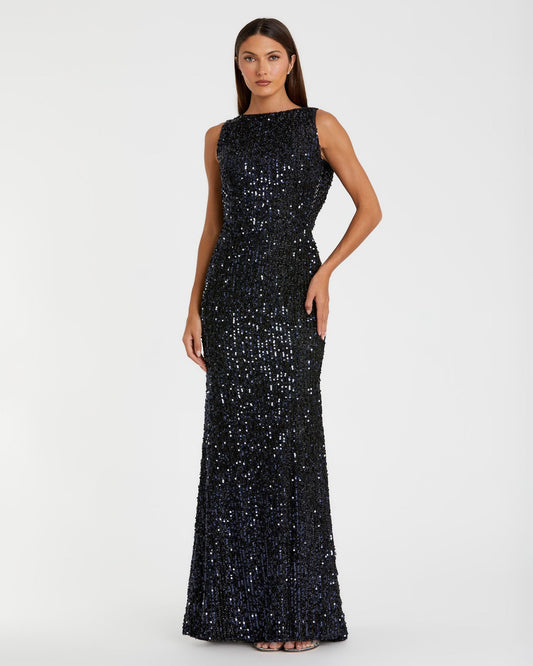 Mac Duggal Petite Navy Sleeveless Cowl Back Sequin Evening Gown