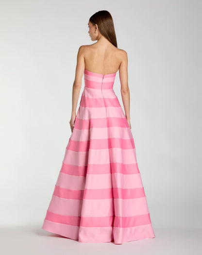 Mac Duggal Petite Pink Striped Satin Strapless Ballgown With Pockets
