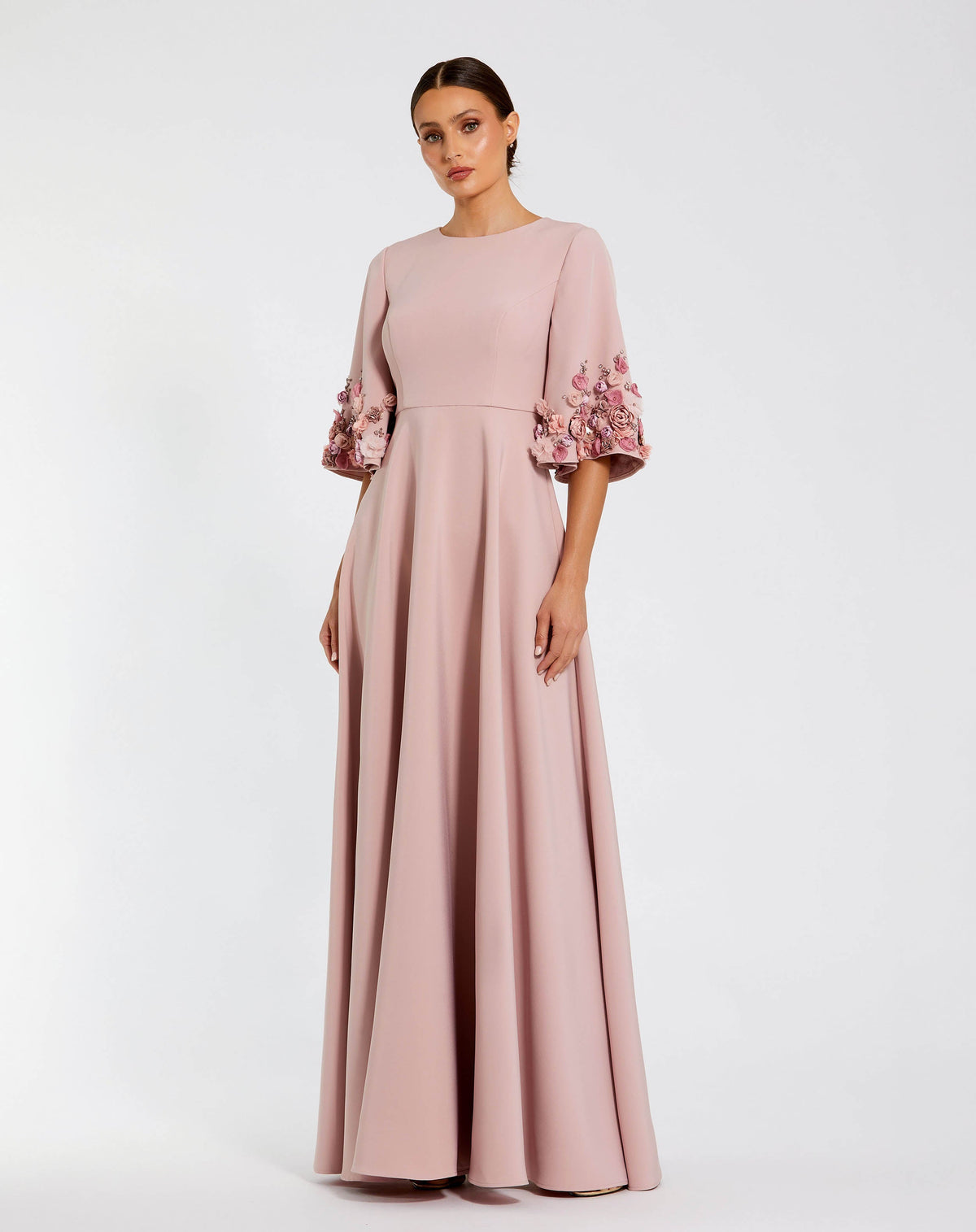 Mac Duggal Petite Pink Crepe 3/4 Sleeve A-line Gown With Flower Trim