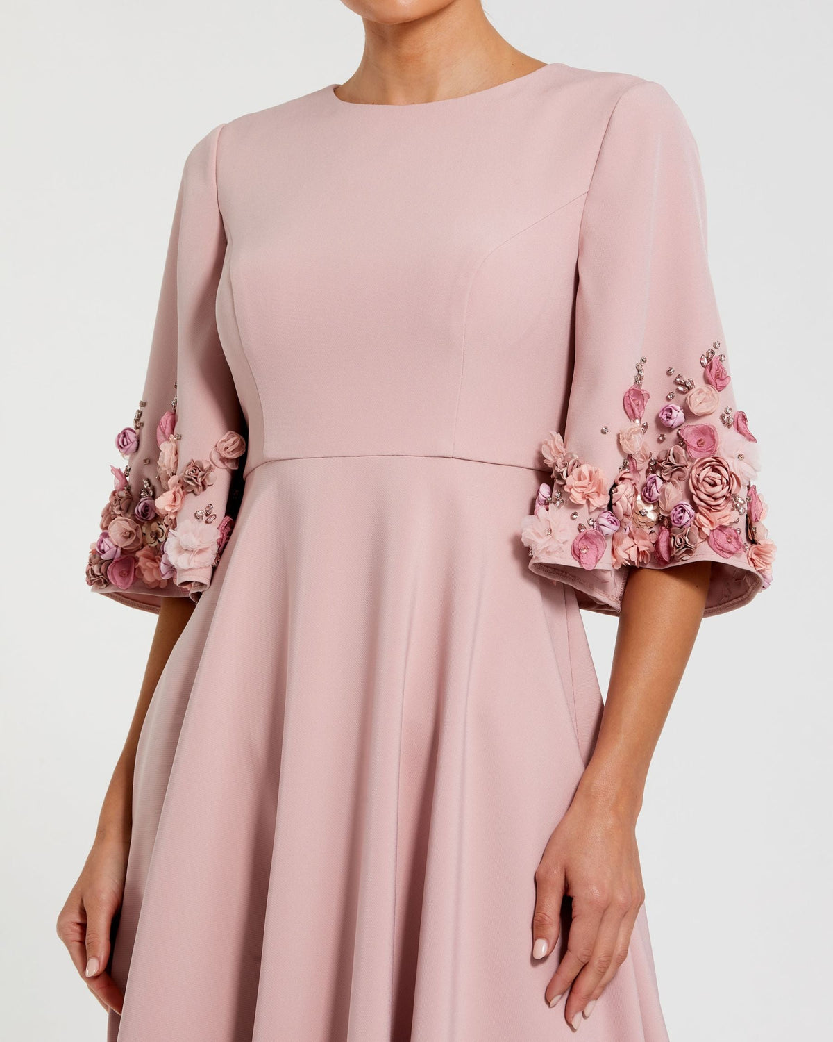 Mac Duggal Petite Pink Crepe 3/4 Sleeve A-line Gown With Flower Trim
