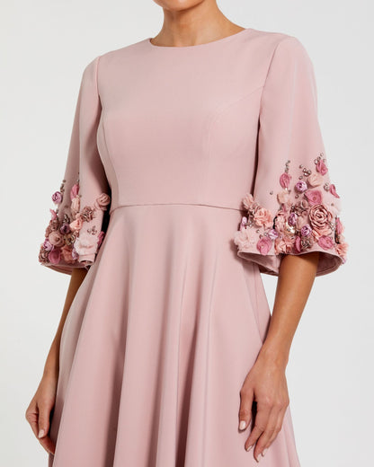 Mac Duggal Petite Pink Crepe 3/4 Sleeve A-line Gown With Flower Trim