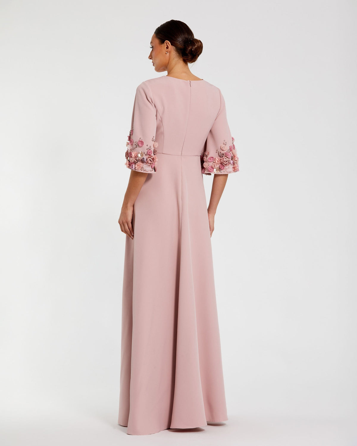 Mac Duggal Petite Pink Crepe 3/4 Sleeve A-line Gown With Flower Trim
