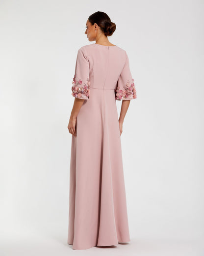 Mac Duggal Petite Pink Crepe 3/4 Sleeve A-line Gown With Flower Trim