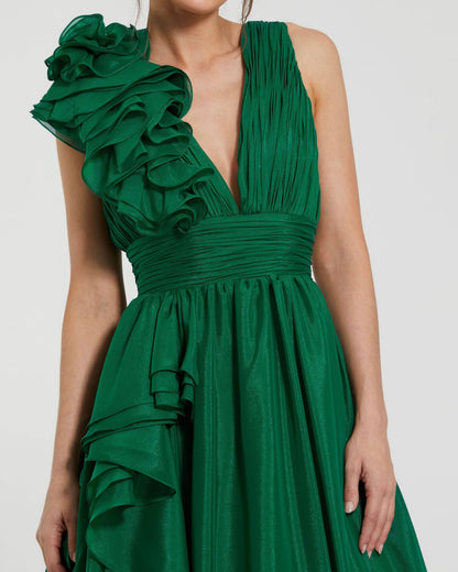 Mac Duggal Petite Emerald Green Ruffle Shoulder V-Neck Chiffon Gown