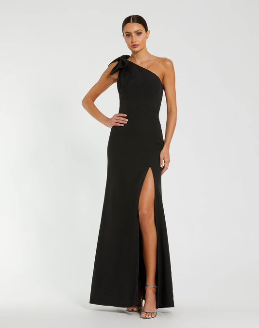 Mac Duggal Petite Black Crepe One Shoulder Fitted Evening Gown With Bow