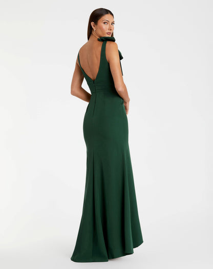 Mac Duggal Green Sleeveless V Neck Bow Detail Mermaid Gown