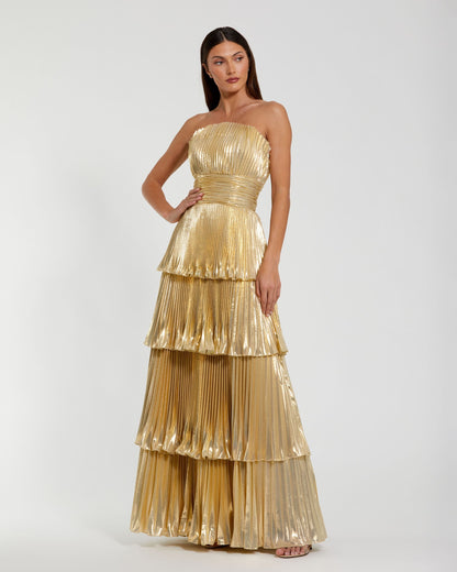 Mac Duggal Petite Gold Strapless Pleated Metallic Ruffle Gown
