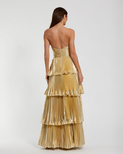 Mac Duggal Petite Gold Strapless Pleated Metallic Ruffle Gown