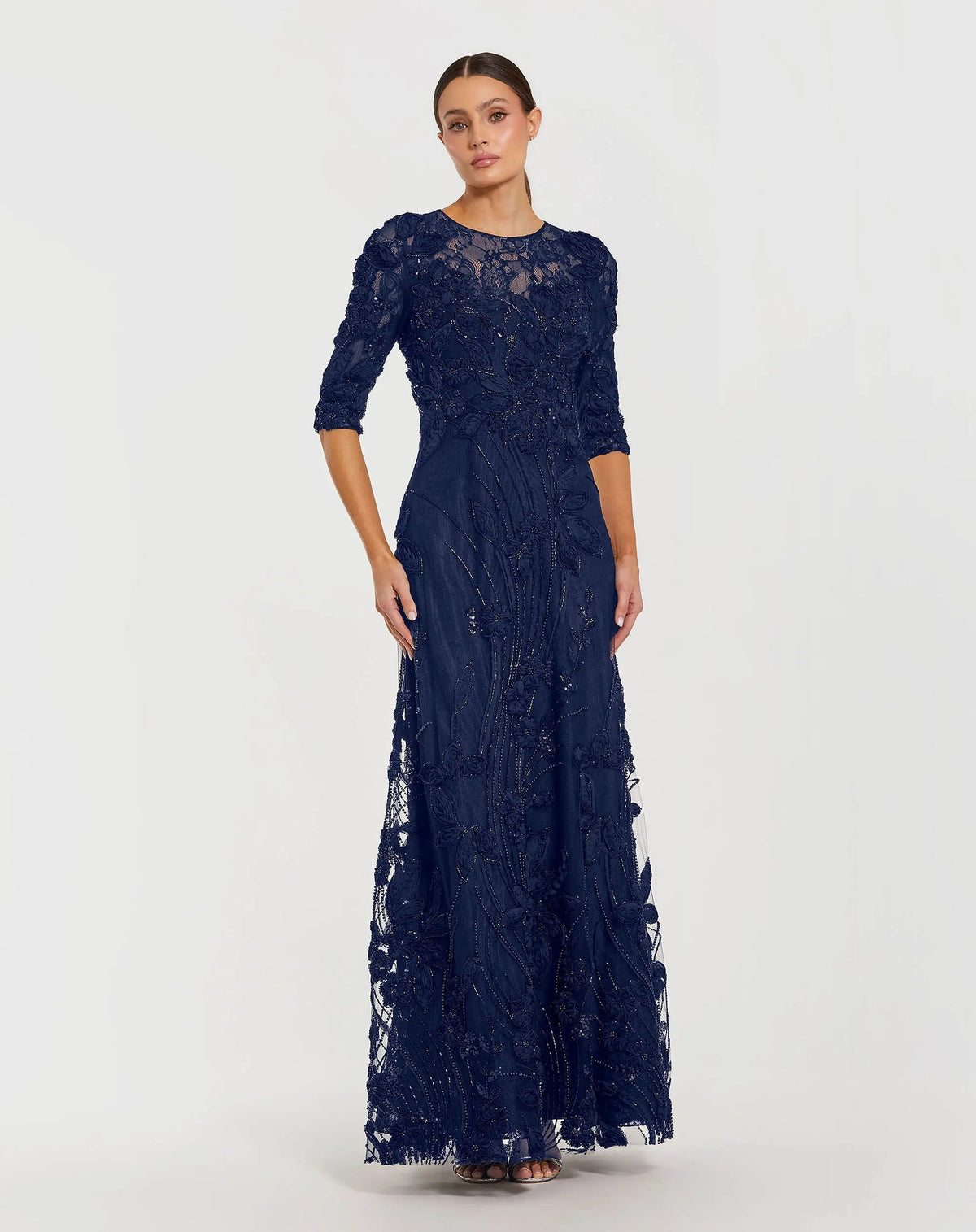 Mac Duggal Petite Navy High Neck Embellished Lace Gown With 3/4 Sleeves