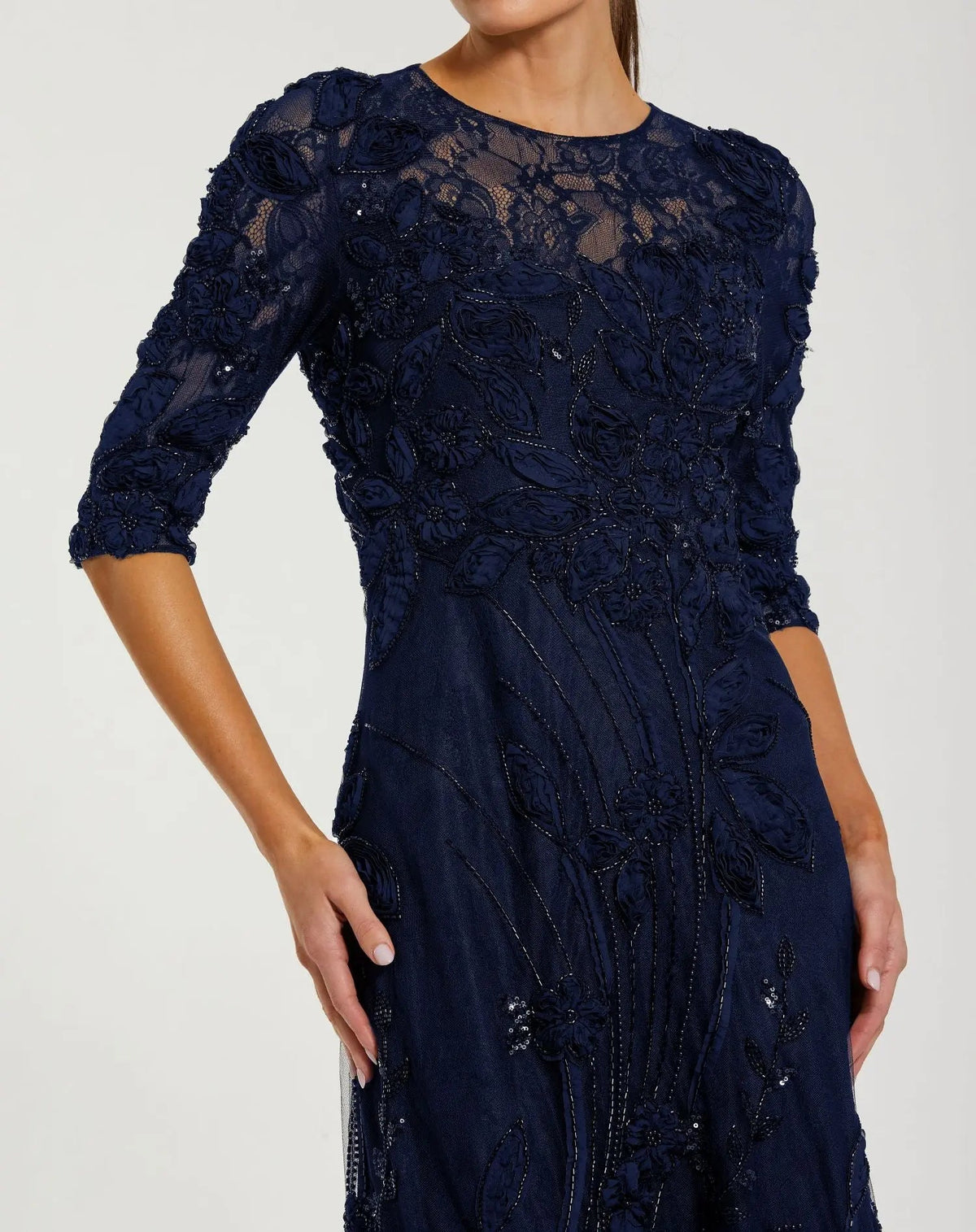 Mac Duggal Petite Navy High Neck Embellished Lace Gown With 3/4 Sleeves