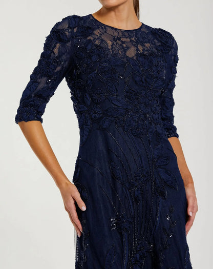 Mac Duggal Petite Navy High Neck Embellished Lace Gown With 3/4 Sleeves