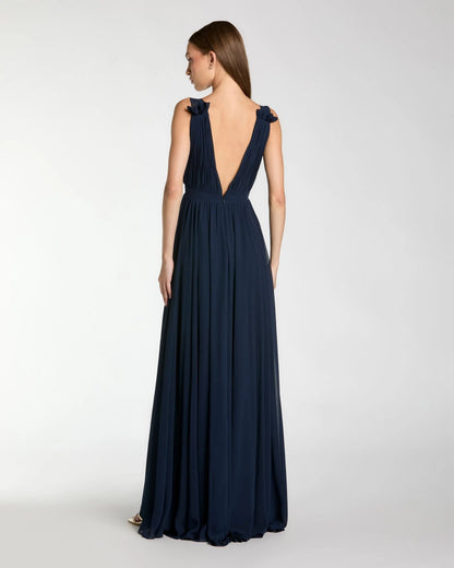 Mac Duggal Petite Navy Pleated Chiffon Sleeveless V-Neck Gown
