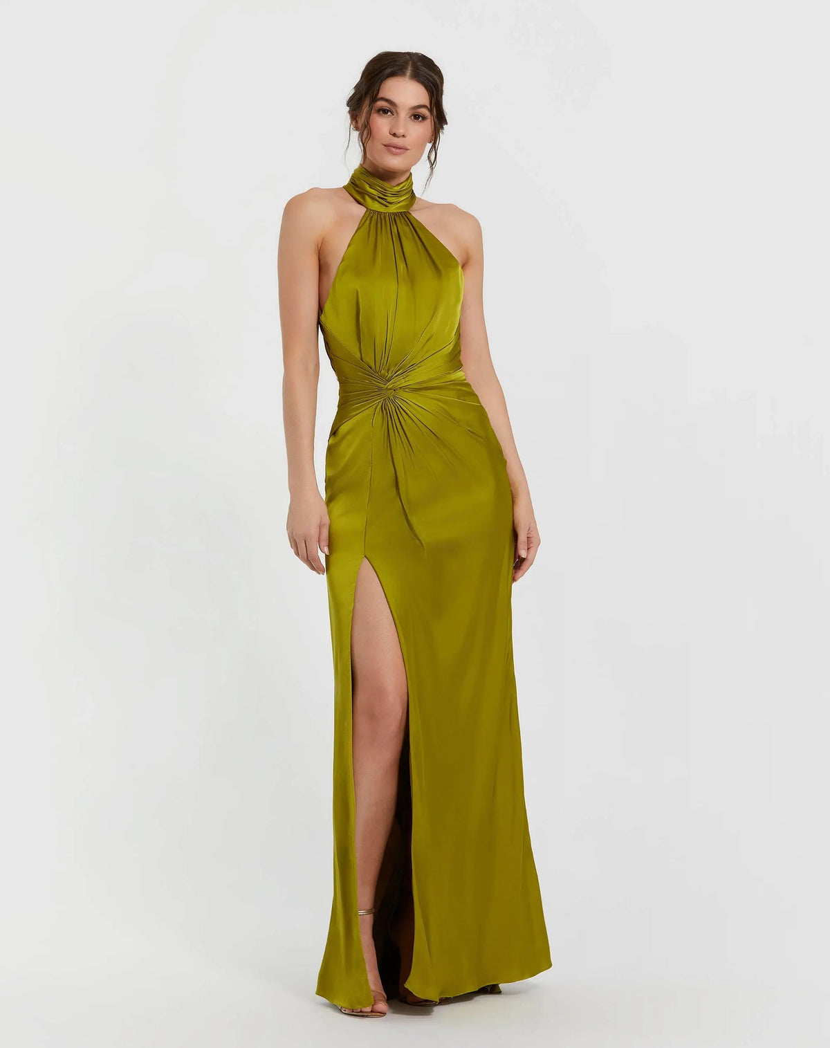 Mac Duggal Petite Green Open Back High Neck Side Ruched Gown