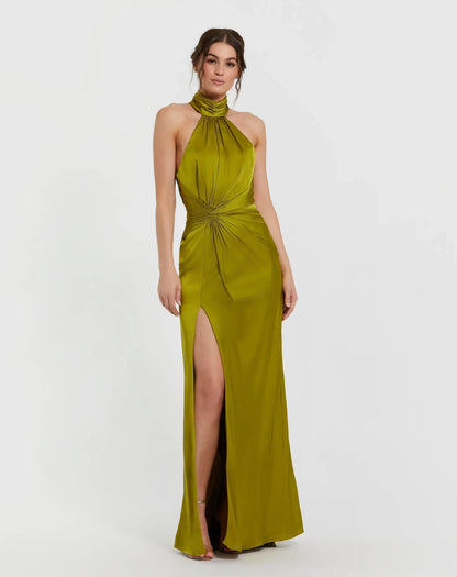 Mac Duggal Petite Green Open Back High Neck Side Ruched Gown