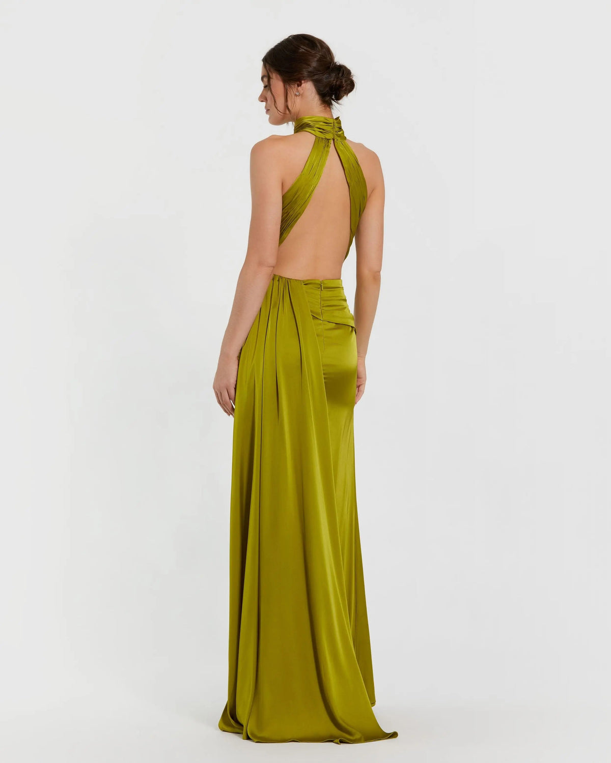 Mac Duggal Petite Green Open Back High Neck Side Ruched Gown