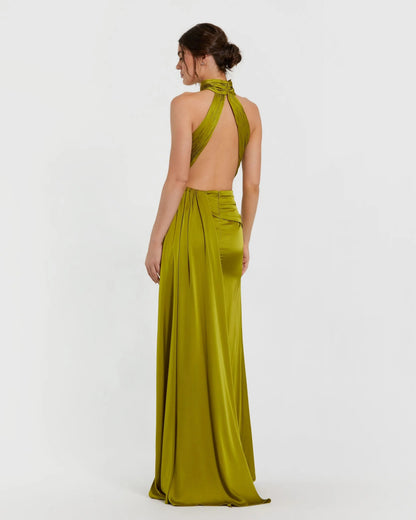 Mac Duggal Petite Green Open Back High Neck Side Ruched Gown