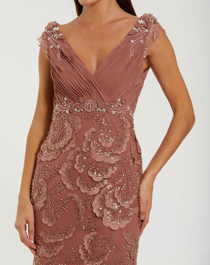 Mac Duggal Petite Pink Floral Beaded Chiffon V-Neck Evening Gown