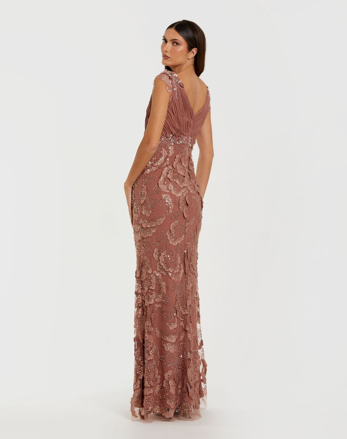 Mac Duggal Petite Pink Floral Beaded Chiffon V-Neck Evening Gown