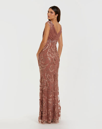Mac Duggal Petite Pink Floral Beaded Chiffon V-Neck Evening Gown
