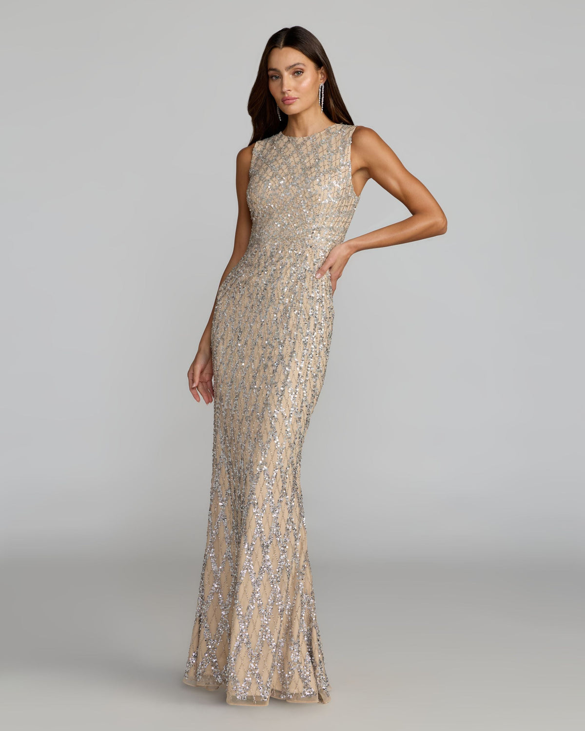 Mac Duggal Nude Sleeveless Beaded Column Gown