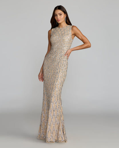 Mac Duggal Nude Sleeveless Beaded Column Gown