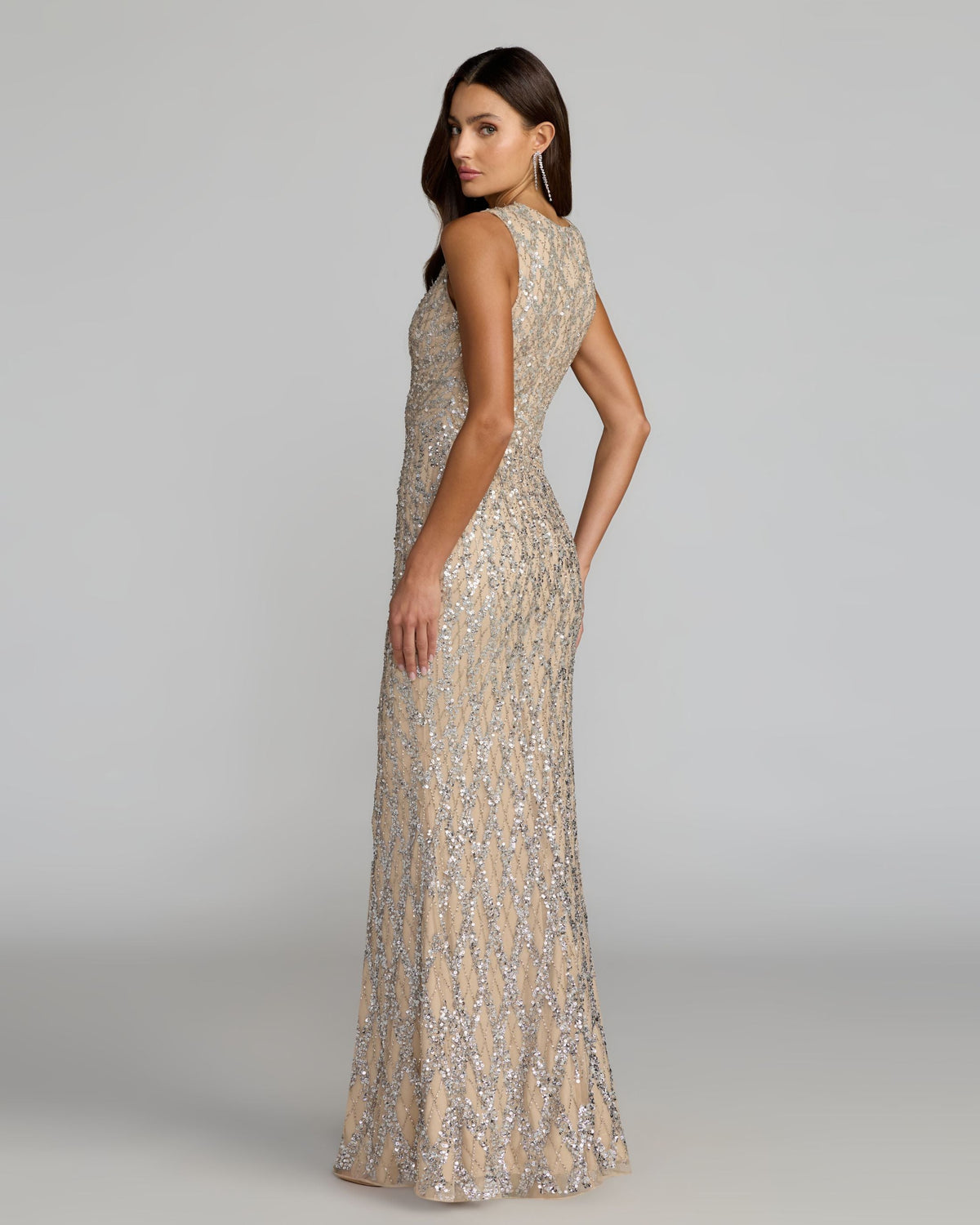 Mac Duggal Nude Sleeveless Beaded Column Gown