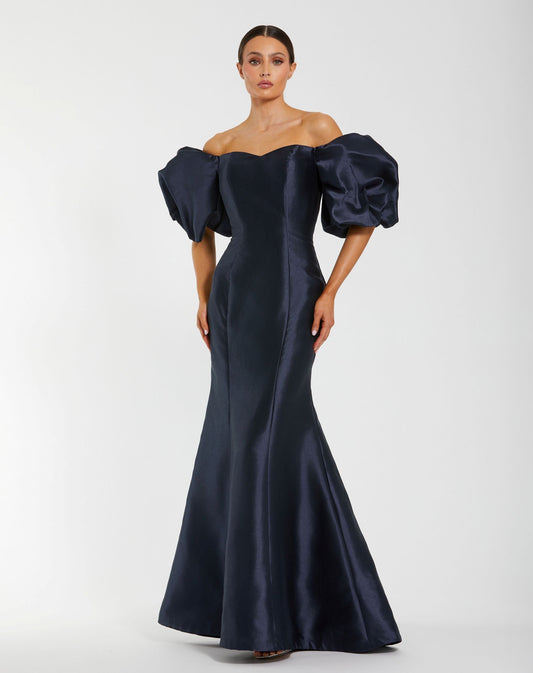 Mac Duggal Petite Navy Sweetheart Off The Shoulder Puff Sleeve Gown