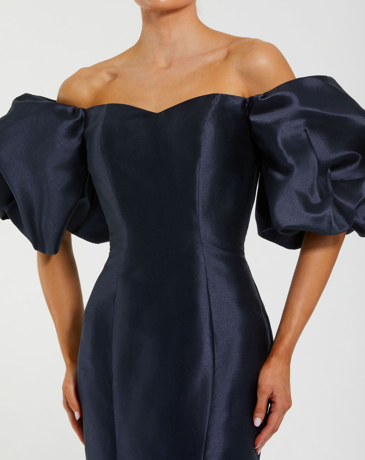 Mac Duggal Petite Navy Sweetheart Off The Shoulder Puff Sleeve Gown