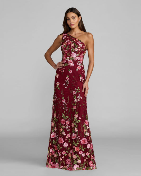 Mac Duggal Red One Shoulder Floral Embroidered Gown