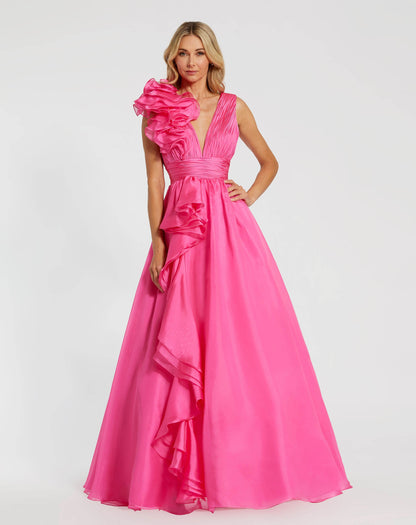 Mac Duggal Petite Pink Ruffle Shoulder V-Neck Chiffon Gown