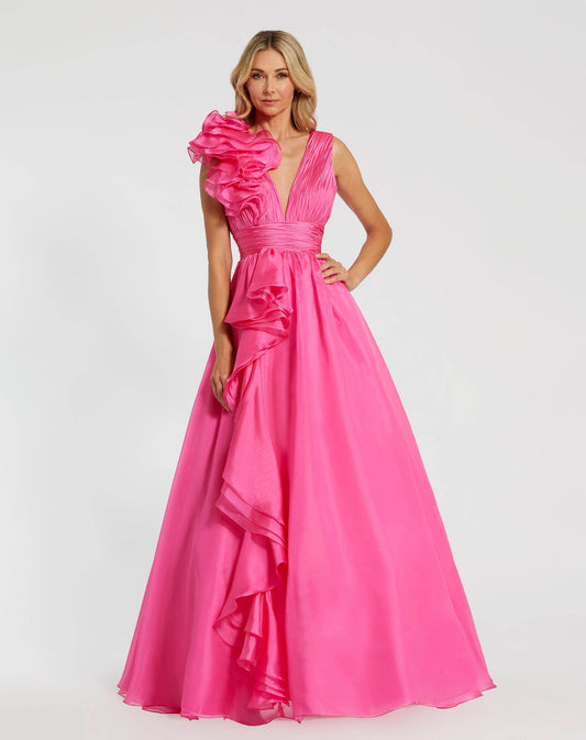 Mac Duggal Petite Pink Ruffle Shoulder V-Neck Chiffon Gown