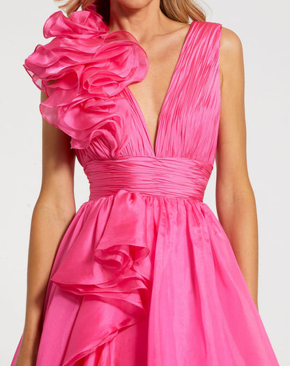 Mac Duggal Petite Pink Ruffle Shoulder V-Neck Chiffon Gown