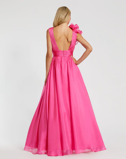 Mac Duggal Petite Pink Ruffle Shoulder V-Neck Chiffon Gown