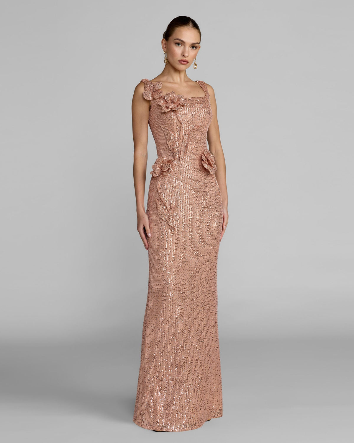 Mac Duggal Light Pink Sequin Column Gown With 3D Flowers
