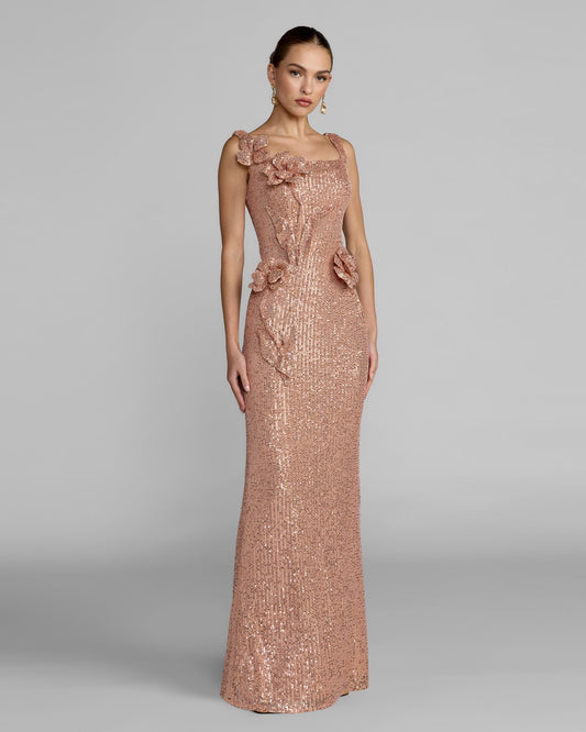 Mac Duggal Light Pink Sequin Column Gown With 3D Flowers