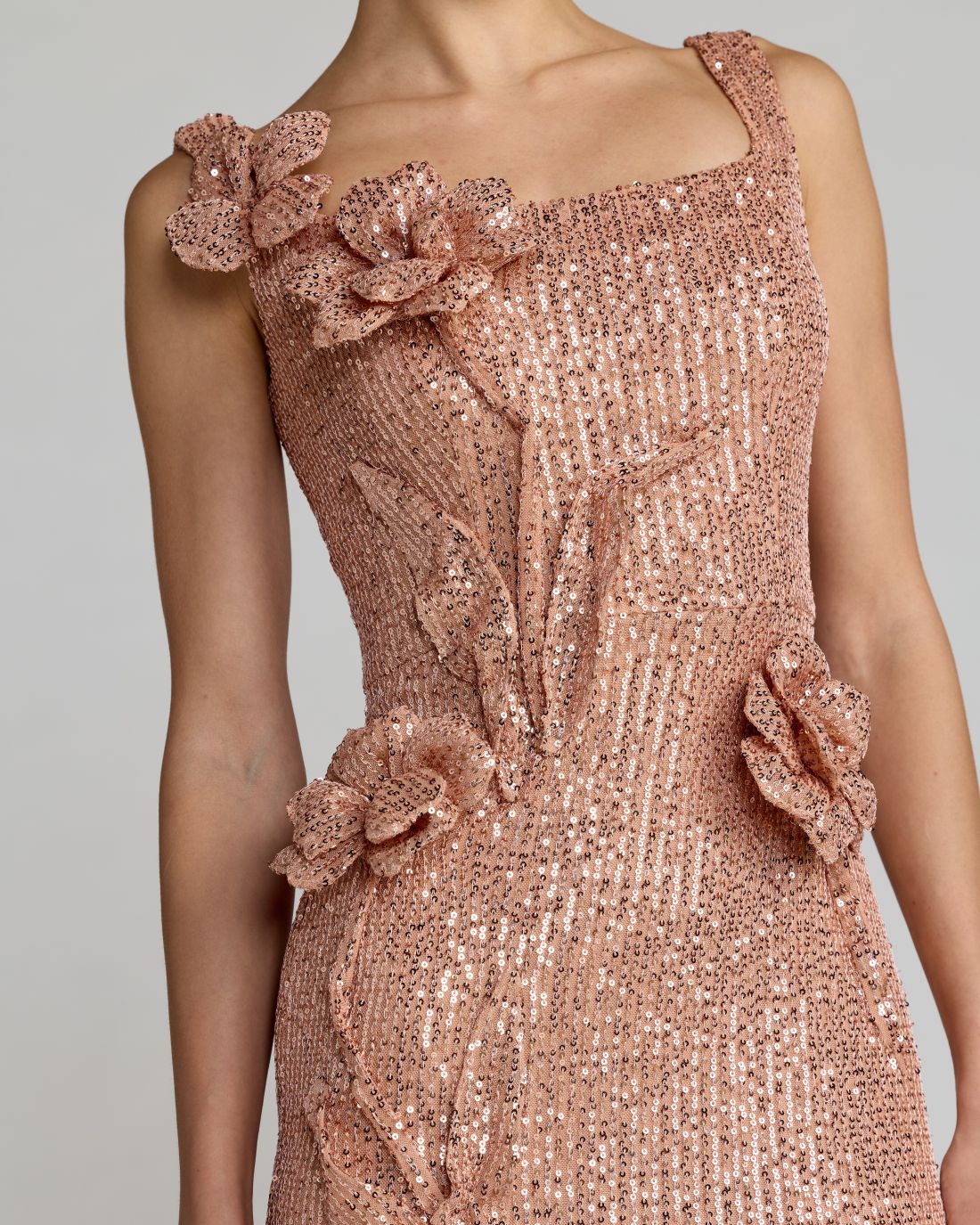 Mac Duggal Light Pink Sequin Column Gown With 3D Flowers