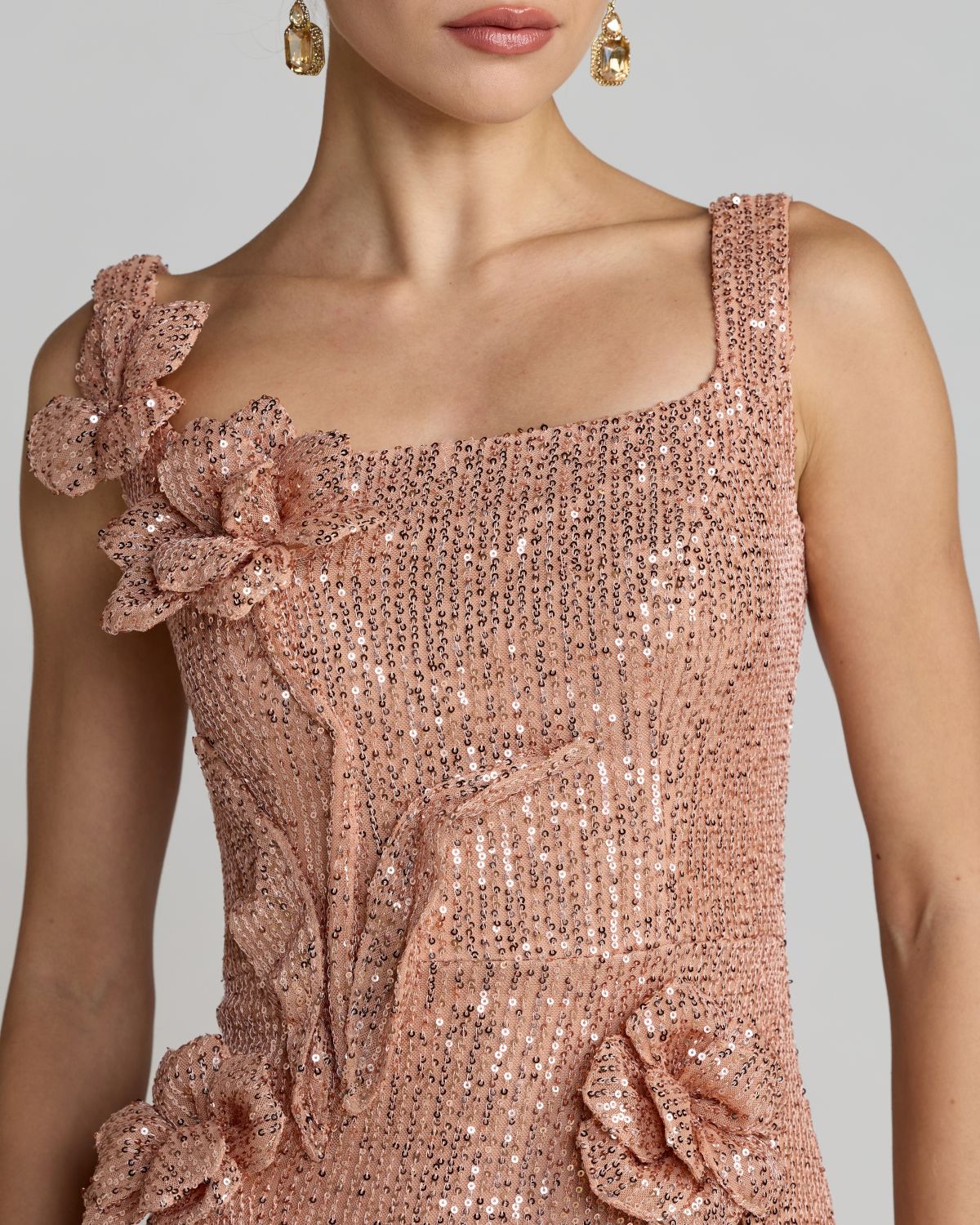 Mac Duggal Light Pink Sequin Column Gown With 3D Flowers