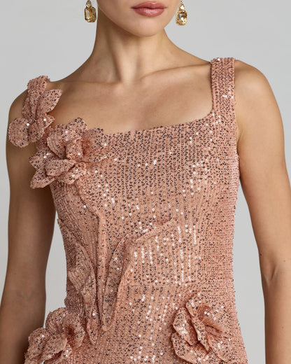 Mac Duggal Light Pink Sequin Column Gown With 3D Flowers
