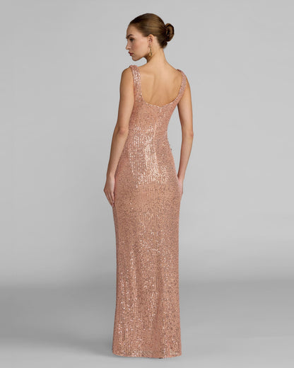 Mac Duggal Light Pink Sequin Column Gown With 3D Flowers