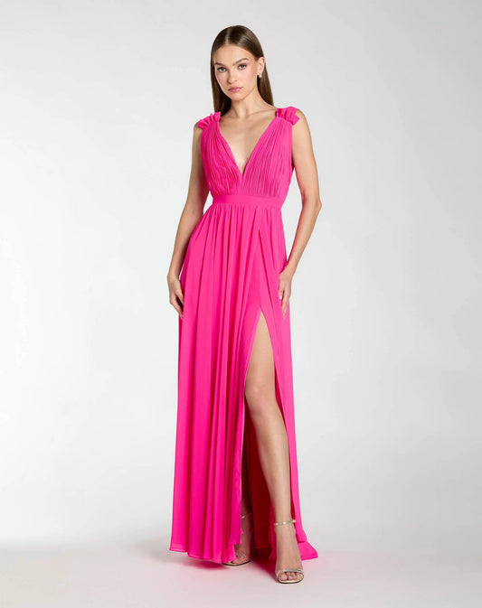 Mac Duggal Petite Pink Sleeveless Pleated Chiffon V-Neck Gown