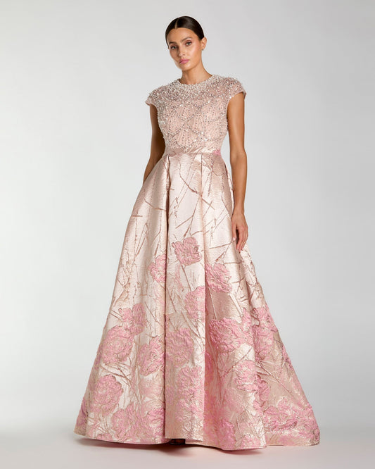 Mac Duggal Pink Cap Sleeve Embellished Floral Brocade Ball Gown