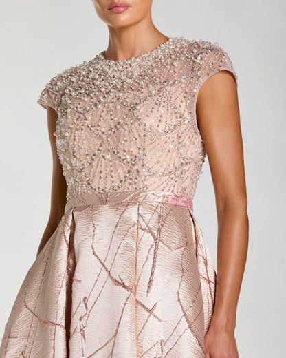Mac Duggal Pink Cap Sleeve Embellished Floral Brocade Ball Gown