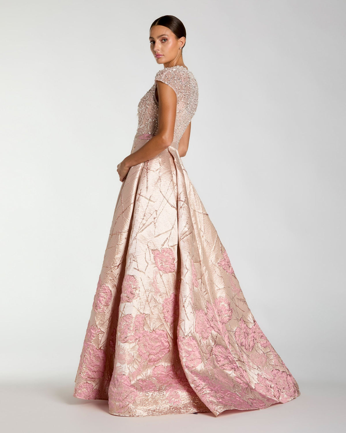 Mac Duggal Pink Cap Sleeve Embellished Floral Brocade Ball Gown