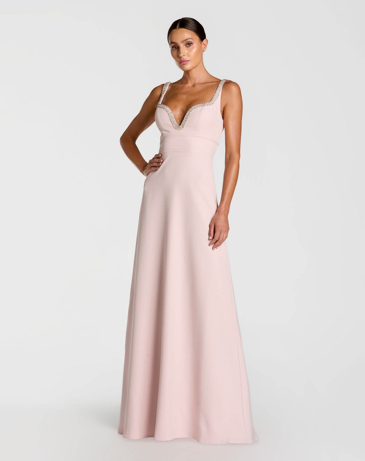 Mac Duggal Petite Light Pink Crepe A-Line Gown With Rhinestone Trim