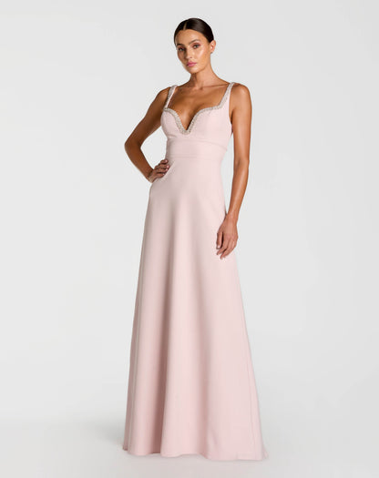 Mac Duggal Petite Light Pink Crepe A-Line Gown With Rhinestone Trim