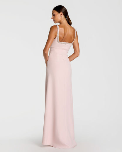 Mac Duggal Petite Light Pink Crepe A-Line Gown With Rhinestone Trim